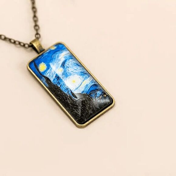 Vincent Van Gogh Starry Night Rectangle Pendant Necklace - Picture 2 of 3